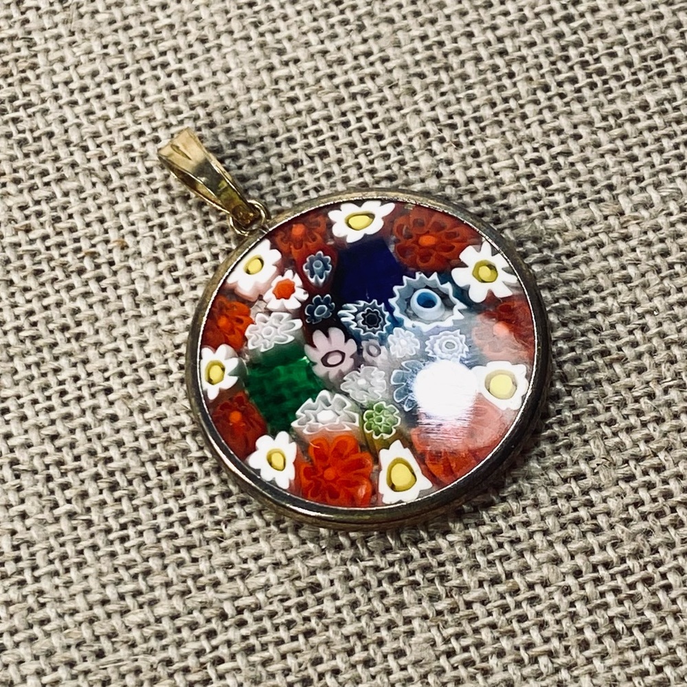 Handmade Millefiori Glass Floral Pendant Necklace — Multicolor